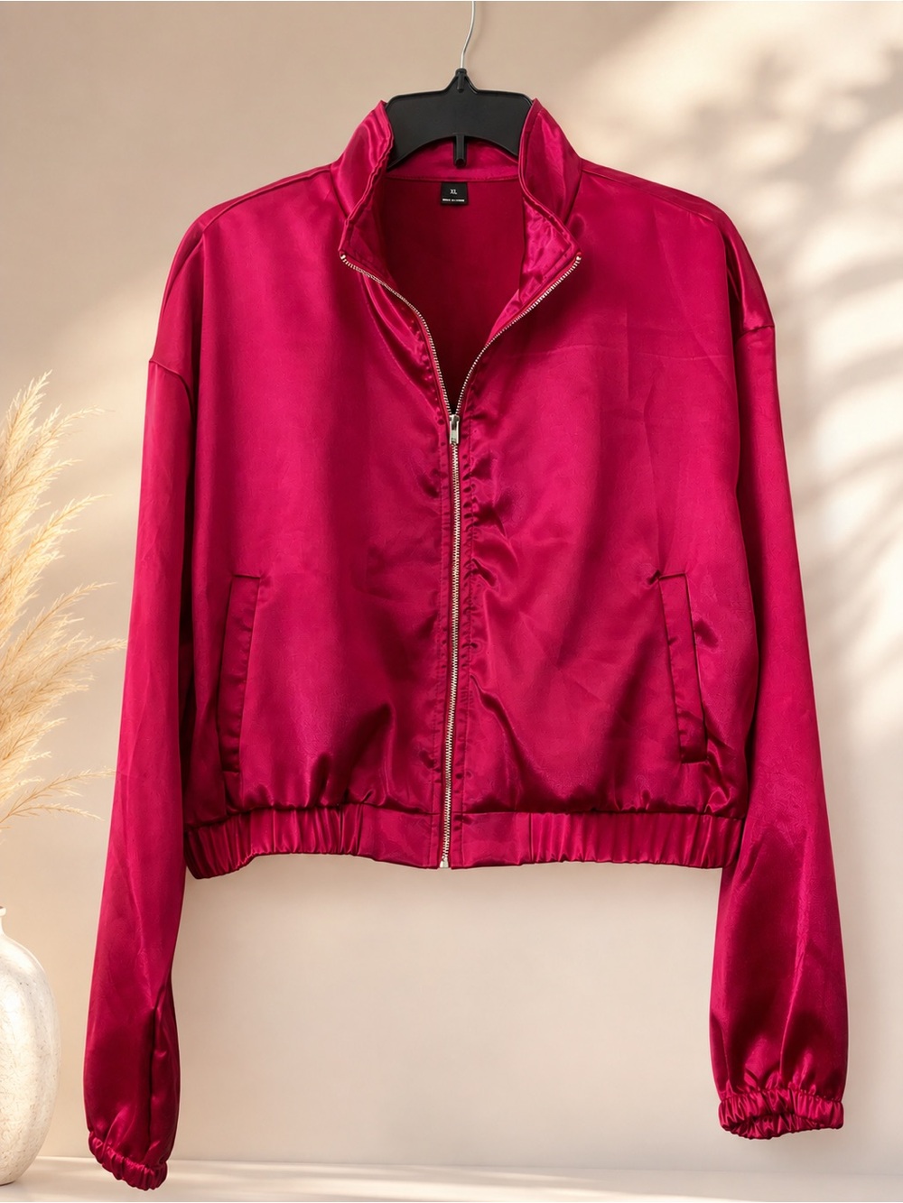 SHEIN Satin Bomber Jacket in Fuchsia